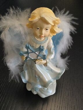 Blue and Cream Angel Figurine with Feather Wings SNOWFLAKE